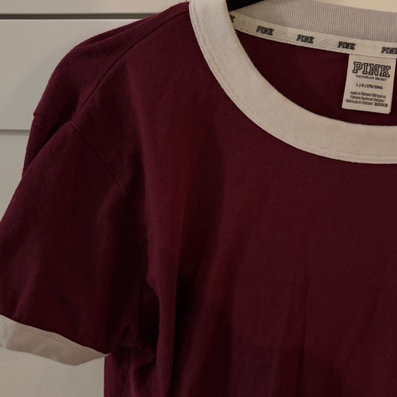 PINK Victoria's Secret Burgundy Tee with White Accents - Picture 3 of 4